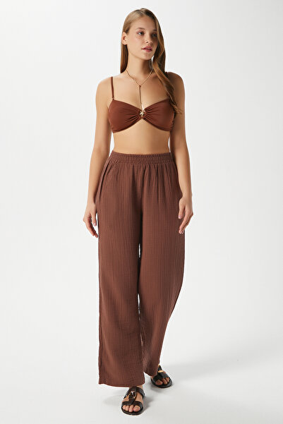 Ritnice Women's Maja 100% Cotton Muslin Brown Trousers with Elastic Waist