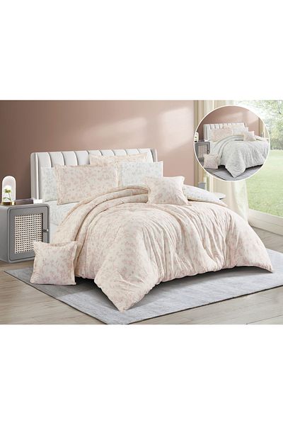 Levore Livory 8-Piece Comforter Set 100% Cotton Soft Floral Reversible Double Duvet System with Heavy Fill Evelyne-040