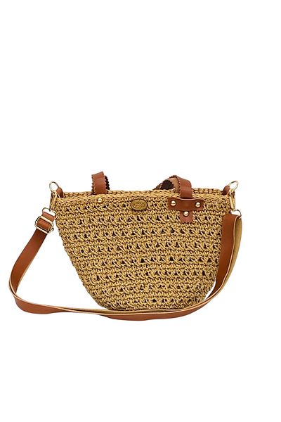 Honorius Women's Hand Knitted Handmade Paper Rope Leather Handle Hand Shoulder Bag Beige