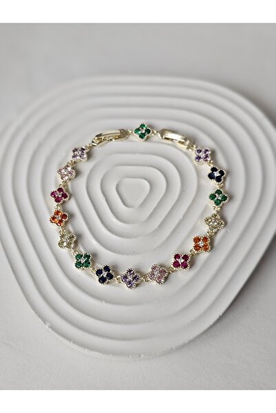 Roya Happiness RENKLİ TAŞLI YONCA ÇİÇEK BİLEKLİK ALTIN SU YOLU VİP XUPİNG BİLEKLİK HEDİYE KUTULU SEVGİLİYE HEDİYE