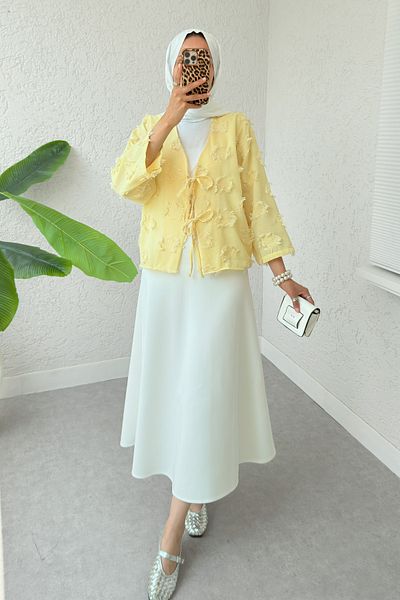 Salih Çelebi Patch Ripped Detailed Kimono 2330 - Yellow