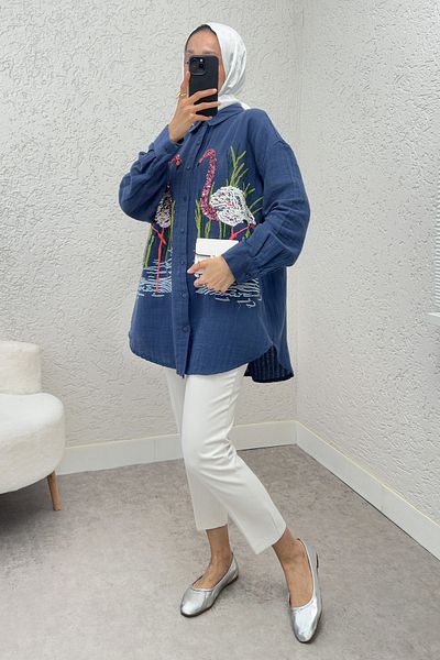 Salih Çelebi Swan Embroidered Tunic 2233 - Dark Blue