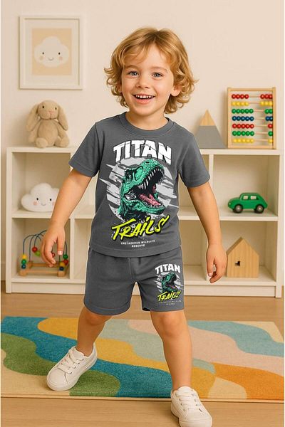 LİLLYPİCCA Boy's Titan Dinosaur Printed Crew Neck Shorts Suit