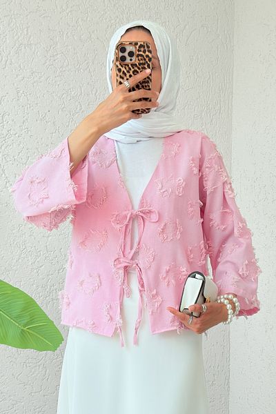 Salih Çelebi Patch Ripped Detailed Kimono 2330 - Pink