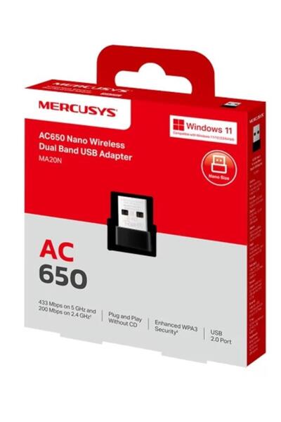 Mercusys USB Wireless Adapter MERCUSYS MA20N, Dual Band 200 + 433 Mbps (Black)
