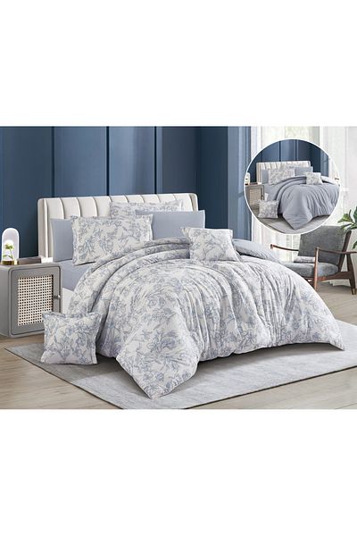 Levore Livory 8-Piece Comforter Set 100% Cotton Soft Floral Reversible Double Duvet System with Heavy Fill Evelyne-045