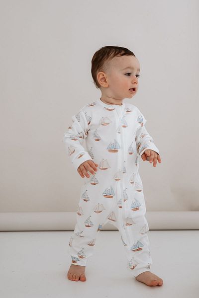 Tuğba Kuğu Zippered Jumpsuit Without Booties - Pureline Series - Sail Boats