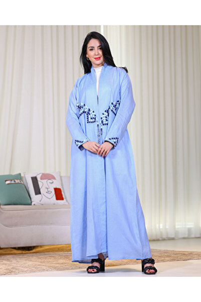 Elegant Natural linen fabric, sky blue color with embroidery