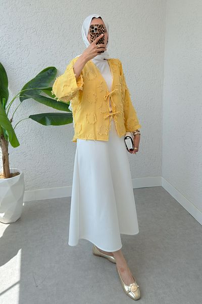 Salih Çelebi Patch Ripped Detailed Kimono 2330 - Mustard