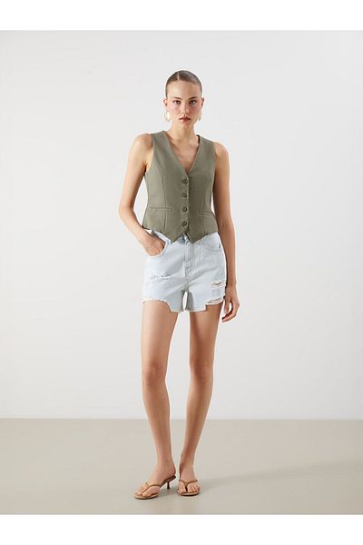 LC Waikiki Jeans Indigo Standard Fit Ripped Detailed Women's Jean Shorts