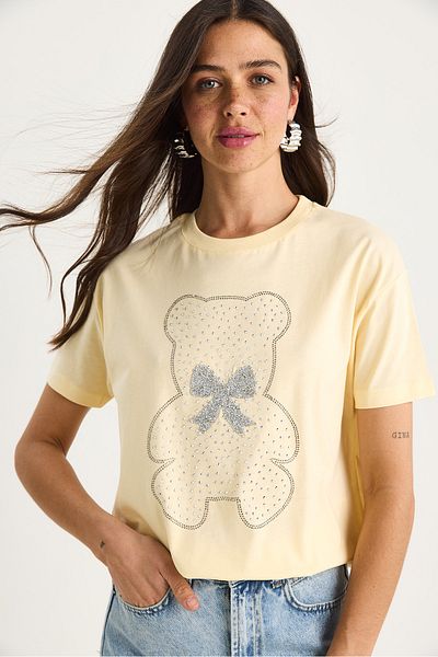 Bianco Lucci Women's Teddy Ribbon Detailed Stone T-Shirt 60602035