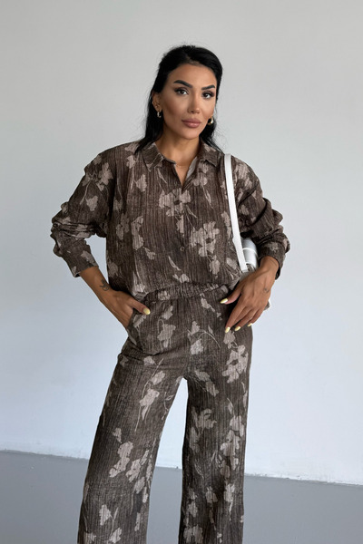 Ladima Γυναικείο Σετ πουκάμισο με εφέ καφέ φύλλου Crinkle παντελόνι κάτω επάνω