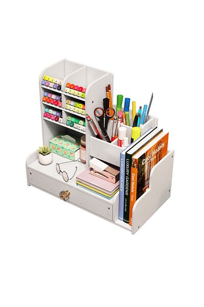 KidLe Pen Holder Desktop Stationary Organizer with Drawer, DIY White Pencil Holder Desk Tidy 12-W