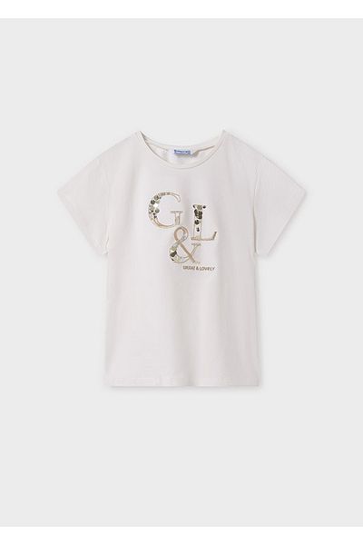 MAYORAL Girl's Short Sleeve T-Shirt with Sequins - Cream