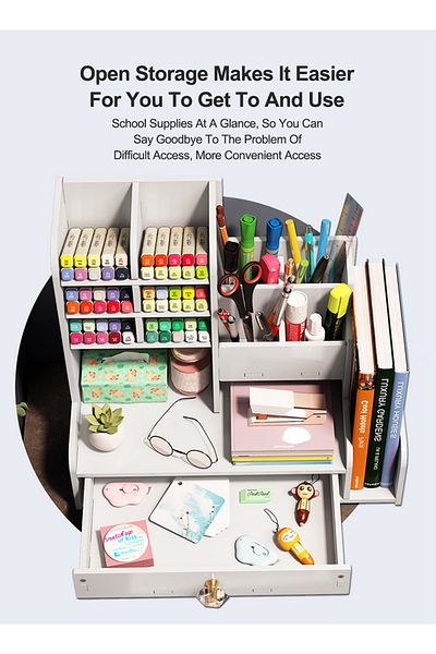 KidLe Pen Holder Desktop Stationary Organizer with Drawer, DIY White Pencil Holder Desk Tidy 12-W