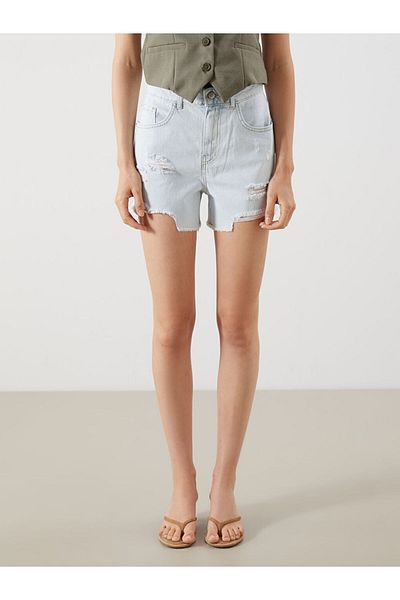 LC Waikiki Jeans Indigo Standard Fit Ripped Detailed Women's Jean Shorts