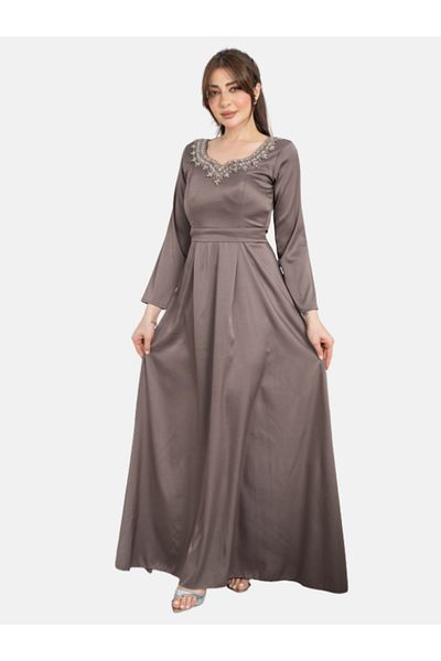 Nice Model Elegant Taupe Maxi Dress with Crystal Embellished Neckline - Long Sleeve Formal Evening Gown