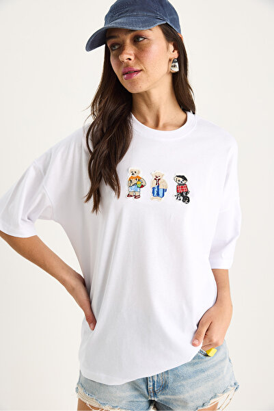 Bianco Lucci Γυναικείο βαμβακερό μπλουζάκι με κέντημα Teddy Crew Neck 60602064