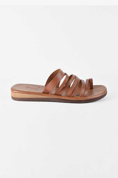 birizmoda Women's Leather Stripe Detailed Flip Flops Casual Slippers - Tan