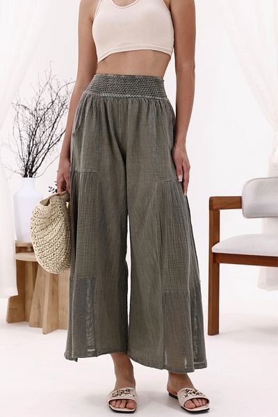 AYASOFYA OTANTIK Women's Khaki Elastic Waist Pocketed Wide Leg Skirt Trousers with Mesh Detail