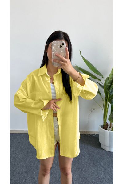 Shiron Sportswear&Company Cămașă de lux de calitate Daisy Yellow pentru femei, fără umăr, oversize, cu buzunar din in