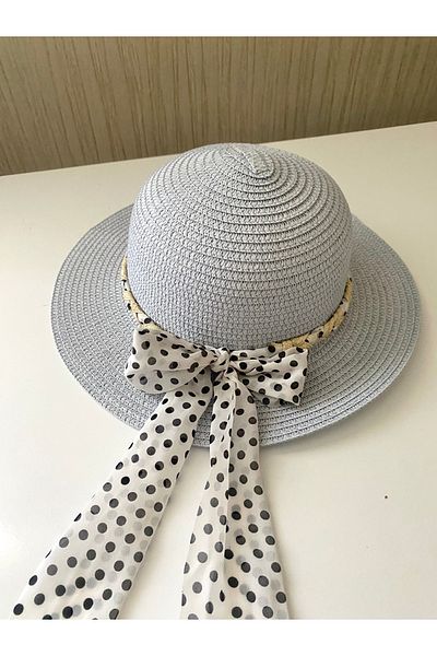 Petek Collection Straw Children's Beach Hat with Ribbon Bow (3-9 Years) Ice Blue