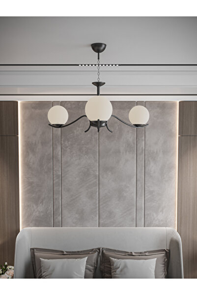 avizade Merla 3'Lü Siyah Kasa Beyaz Camlı Avize | Modern Salon Sarkıt Aydınla...