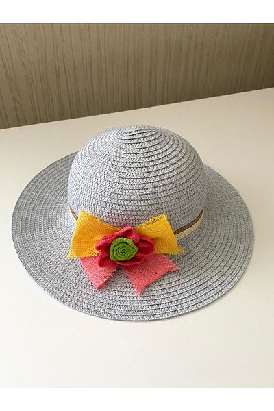 Petek Collection Straw Children's Beach Hat with Flower Accessories (3-9 Years)
