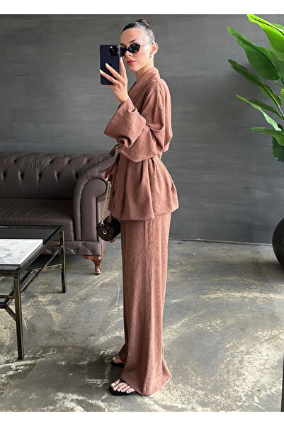 My Blog Barna kendőgalléros kimonó nadrágkosztüm - 98655