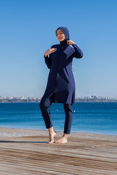 Ruko Maio Women's Navy Blue Zippered Full Covered Hijab Swimsuit – 3 Pieces, Long Sleeves C0T2N2O52-2