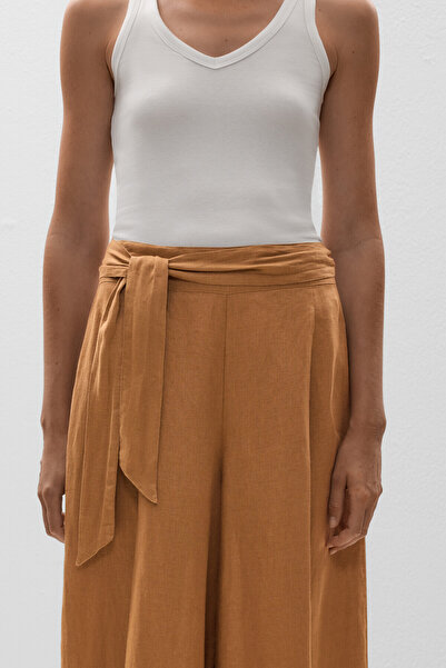 Oysho 100% linen tie wide-leg trousers