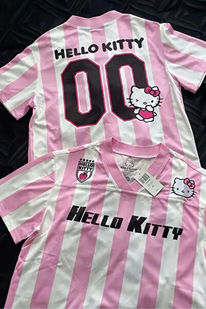Bravebell Pembe Beyaz V Yaka Çubuklu Jersey Kitty T-Shirt