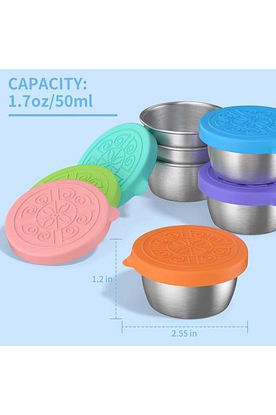 COOYA Stainless Steel Salad Sauce Container, 6Pack 50ml Reusable Containers with Leakproof Lids and Spoon