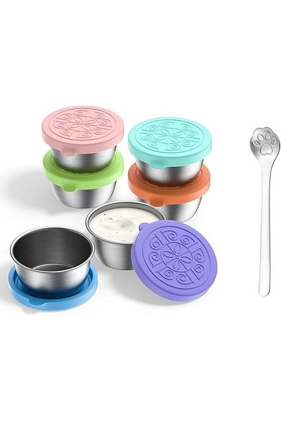 COOYA Stainless Steel Salad Sauce Container, 6Pack 50ml Reusable Containers with Leakproof Lids and Spoon