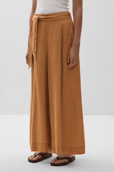 Oysho 100% linen tie wide-leg trousers