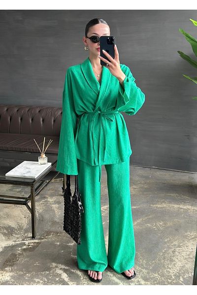 My Blog Green Shawl Collar Kimono Pants Set - 98655