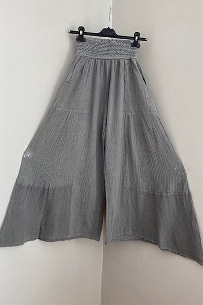 AYASOFYA OTANTIK Women's Gray Elastic Waist Pocketed Wide Leg Skirt Trousers with Mesh Detail