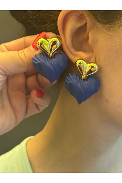 Gönülden Tasarım Heart Design Women's Earrings 5 cm Blue