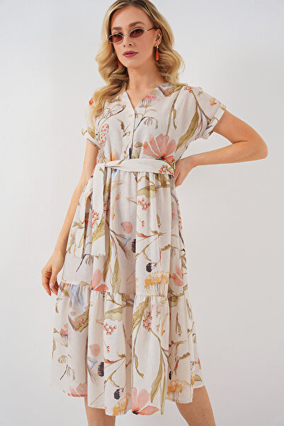 Bigdart Women's Patterned Short Sleeve Dress 2558 - Cream