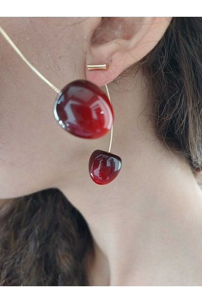 Gönülden Tasarım Steel Red Stone Charm Women's Earrings 6 cm