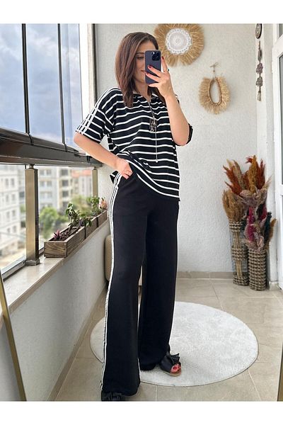 TUNAM BUTİK Black and White Striped Arma Detail Double Set