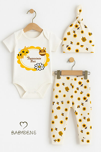 BABYDEN'S Aunt's Honey Written 3-Piece Baby Set, Short Sleeve Snap Body Suit, Bee Patterned Pants, Beanie