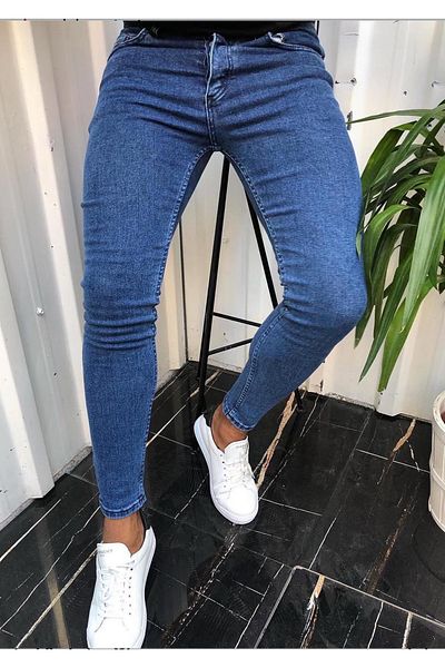 moda biz Мъжки обикновени сини дънки с прилепнала кройка и свободна кройка