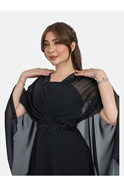 Nice Model Elegant Black Chiffon Maxi Dress with Beaded Embellishments - Formal Evening Gown