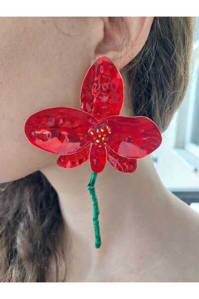 Gönülden Tasarım Red Zircon Stone Flower Earrings Women's Earrings 14 cm