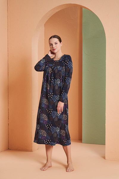 PJS Women's Patterned Round Button Collar Long Sleeve Nightgown