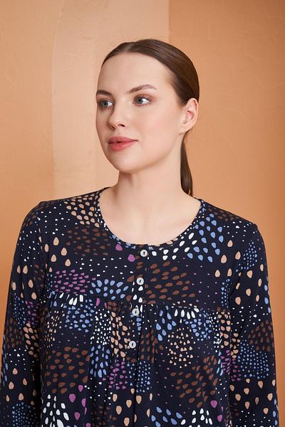 PJS Women's Patterned Round Button Collar Long Sleeve Nightgown