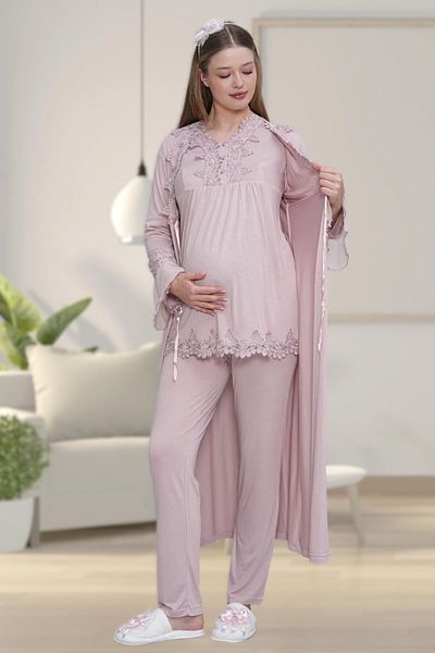 Pelin Women's Dusty Rose Long Sleeve Lace Detailed Maternity Maternity 3-Piece Pajama Set