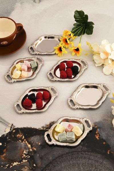 AKSESUAR EVRENİ Cenz's Silver Set of 6 Sugar Bowl Turkish Delight Bowl Snack Bowl Coffee Side Presentation Bowl Decorative Mini Oval Bowl