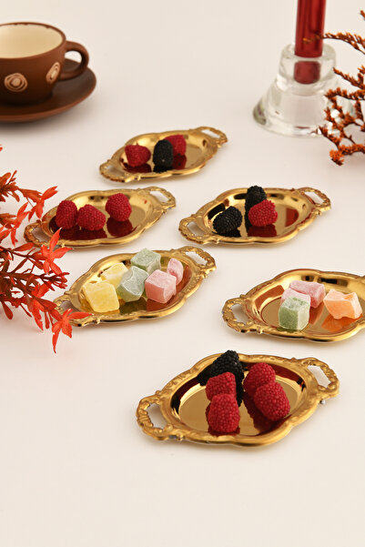 AKSESUAR EVRENİ Cenz's Gold Set of 6 Sugar Bowl Turkish Delight Bowl Snack Bowl Coffee Side Presentation Bowl Decorative Mini Oval Bowl